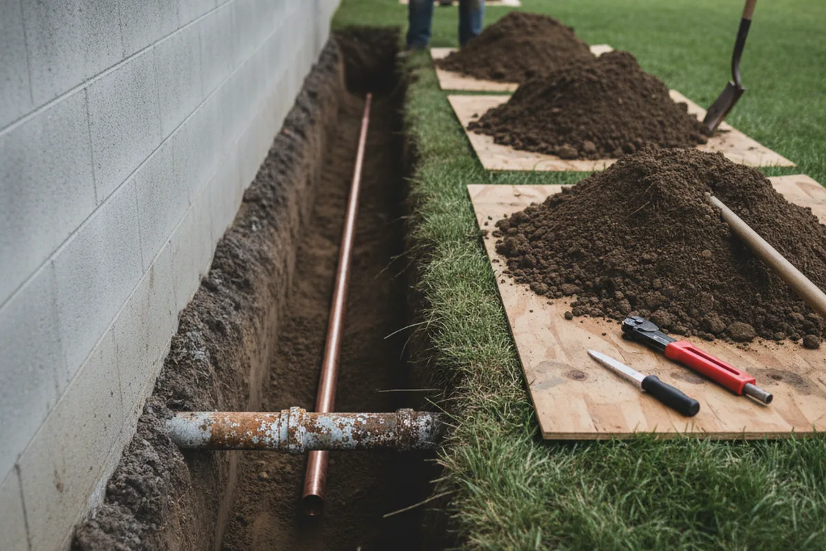 Excavated water line trench during Sewer Line Repair in Golconda